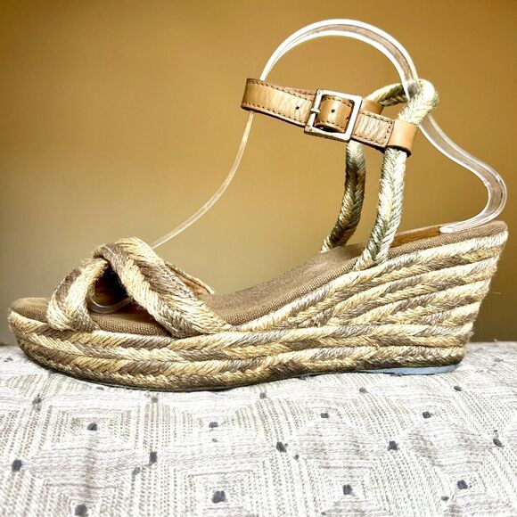Tory Burch Camelia Tan Taupe Blended Jute Espadrille Wedge Sandal Ankle Strap 10 - Picture 1 of 16